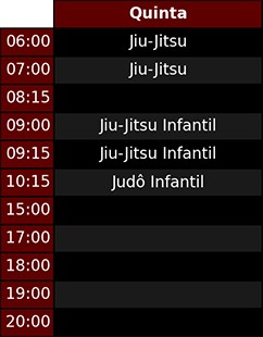 Horários na quinta-feira
